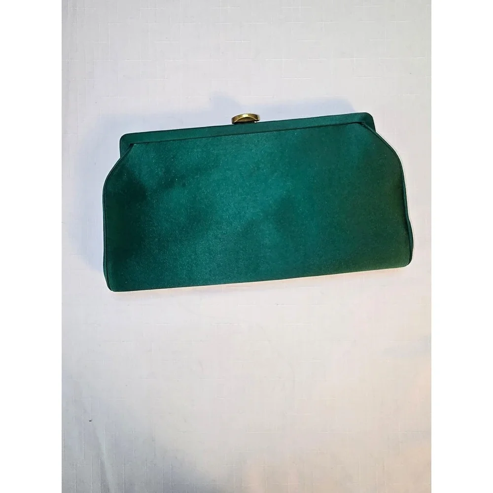 Vintage MM Emerald Green Satin Evening Clutch Bag with Coin Purse and Mirror